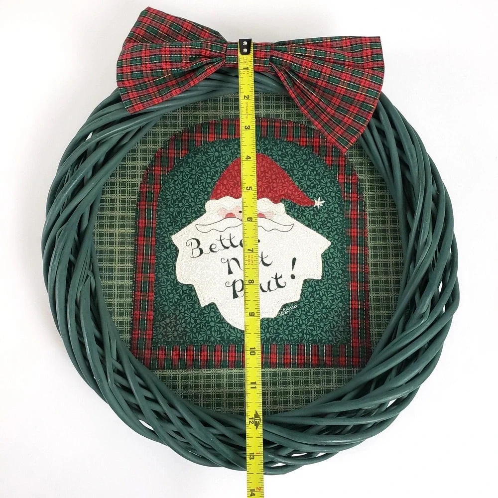 Handmade Green Wicker Wreath Better not Pout Xmas Christmas Decor Quilted Design